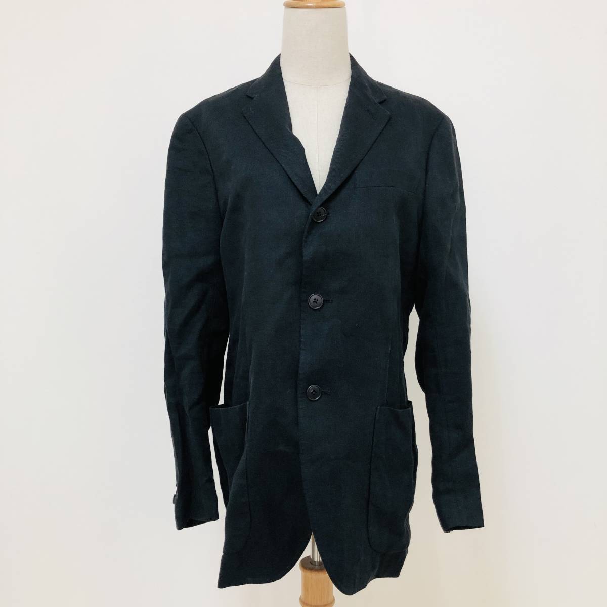 k1798 UNIQLO ユニクロ ジャケット 麻100% シングル センターベント 薄手 ポケット M 黒 無地 メンズ オフィススタイリッシュルック 拍卖