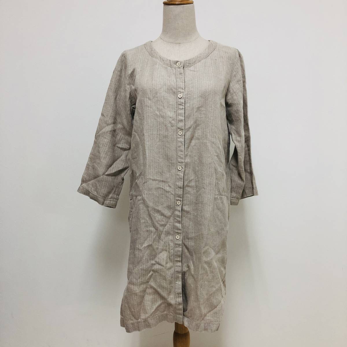 k1911 美品 INES DE LA FRESSNG UNIQLO シャツ 長袖 麻100% ノーカラー ロング L ベージュ レディース ベーシックカジュアルスタイル 拍卖