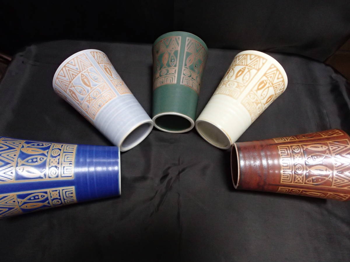 大きめフリーカップ・・・350ml(5個)エキゾチックな模様(5色)(光沢があり 品良し)未使用・箱なし・美品拍卖