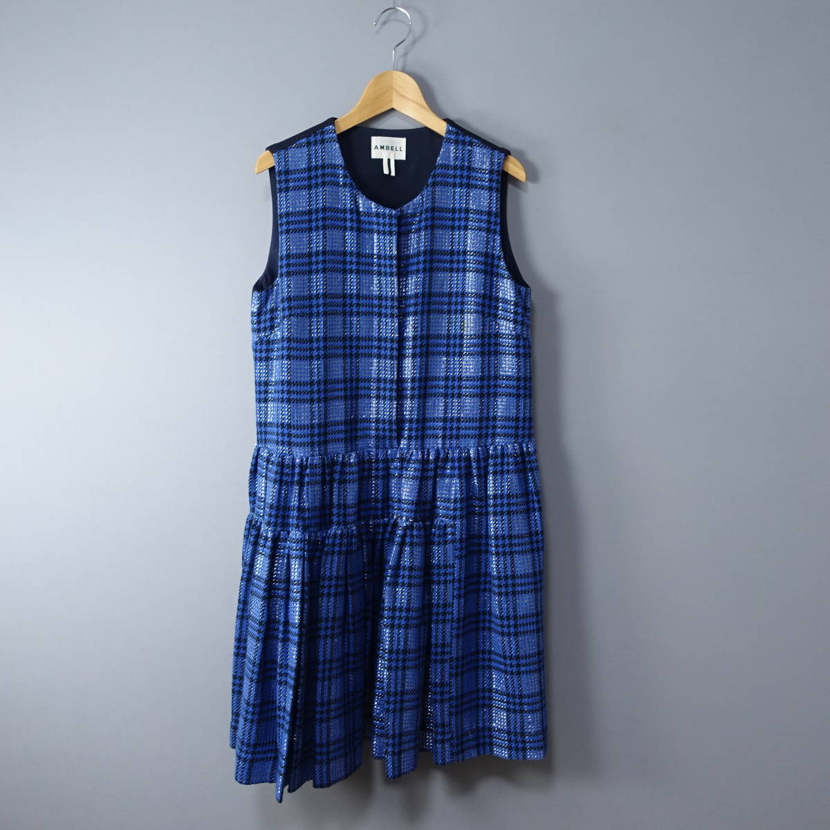 AMBELL/アンベル/F/日本製/チェック/ノースリーブワンピース/ブルー×ブラック×シルバー/レディース/青拍卖