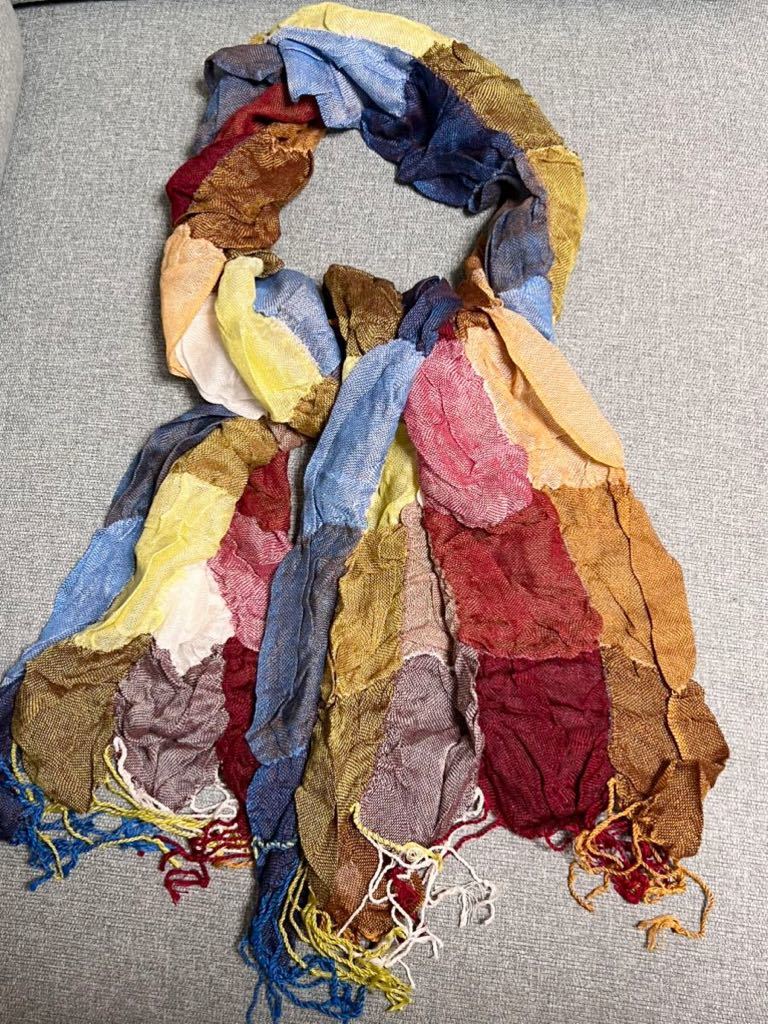 未使用品! 薄手 くしゅくしゅ ストール チェック ブルー 黄色 赤 茶色 ミックスカラー 春秋用拍卖