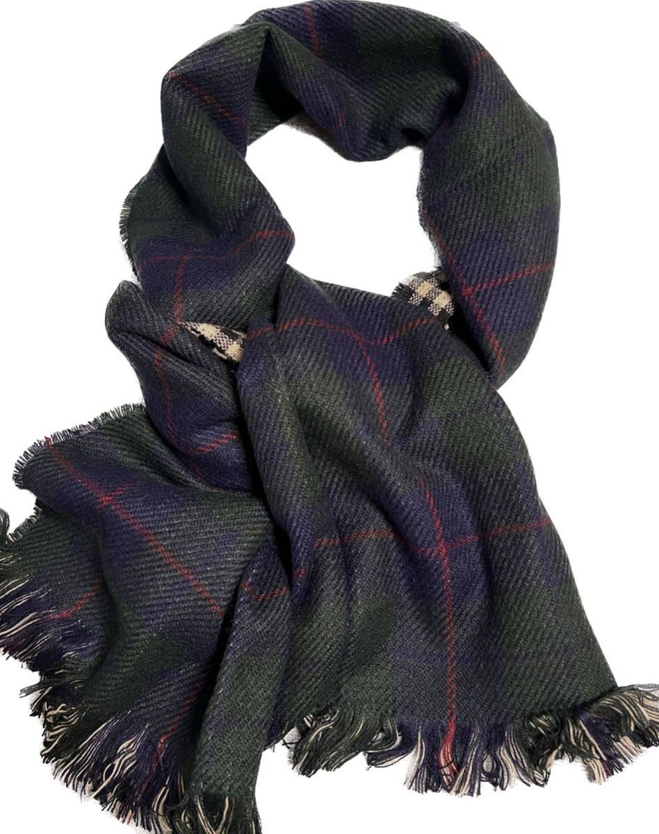 サンプル 未使用品! リバーシブル マフラー ストール タータンチェック グリーン ギンガムチェック 黒 ベージュ拍卖
