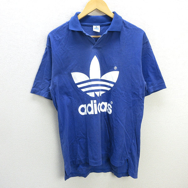 y■90'S デサント社製■アディダス/adidas 開襟 半袖ポロシャツ■青【M-L】トレフォイルロゴ/136【中古】拍卖
