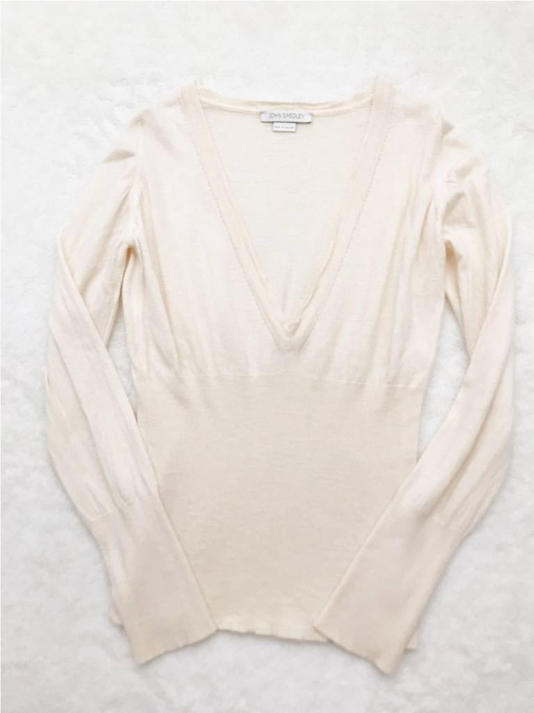 JOHN SMEDLEY イングランド製ウールセーター sizeS オフホワイト ベージュ ジョンスメドレー Vネックセーター拍卖