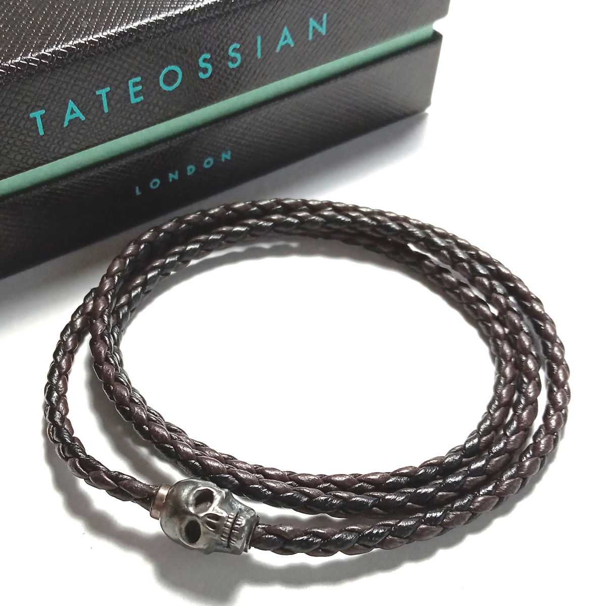 【tab2】新品 TATEOSSIAN タテオシアン ブレスレット シルバー925 本革/レザー 三重巻き スカル/骸骨 ブラウン×ネイビー編上げ拍卖