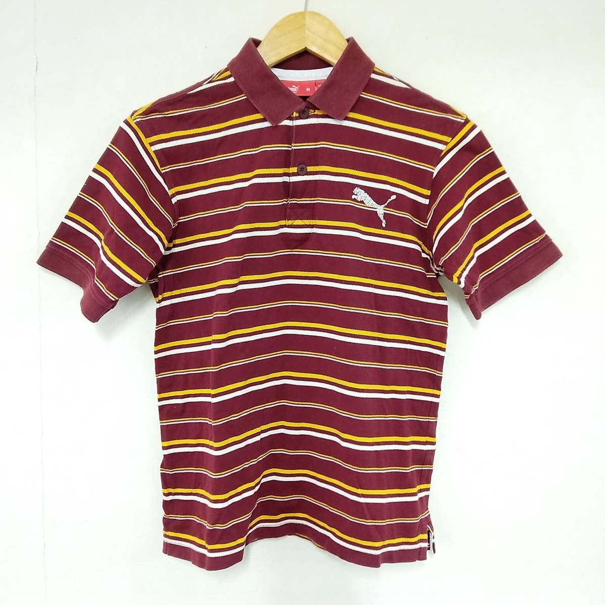 ★【古着】PUMA(プーマ) 半袖 ポロシャツ えんじ色など ボーダー柄 Mサイズ 男性用拍卖