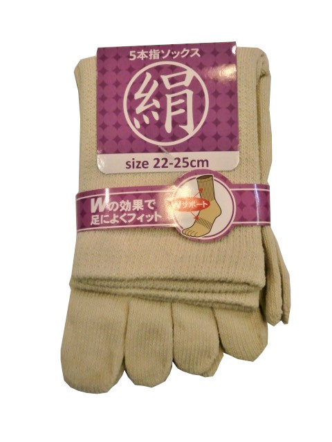 レディースファッション 靴下 絹シルク混かかと無し 5本指ソックス(3足セット)ベージュ拍卖