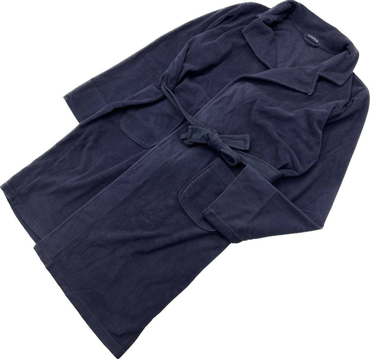 LANDS END ☆ 上品な部屋着◎ フリース ガウン ロング ネイビー 紺色 L 休日 リラックス スタイル お風呂 サウナ ランズエンド■S2663拍卖
