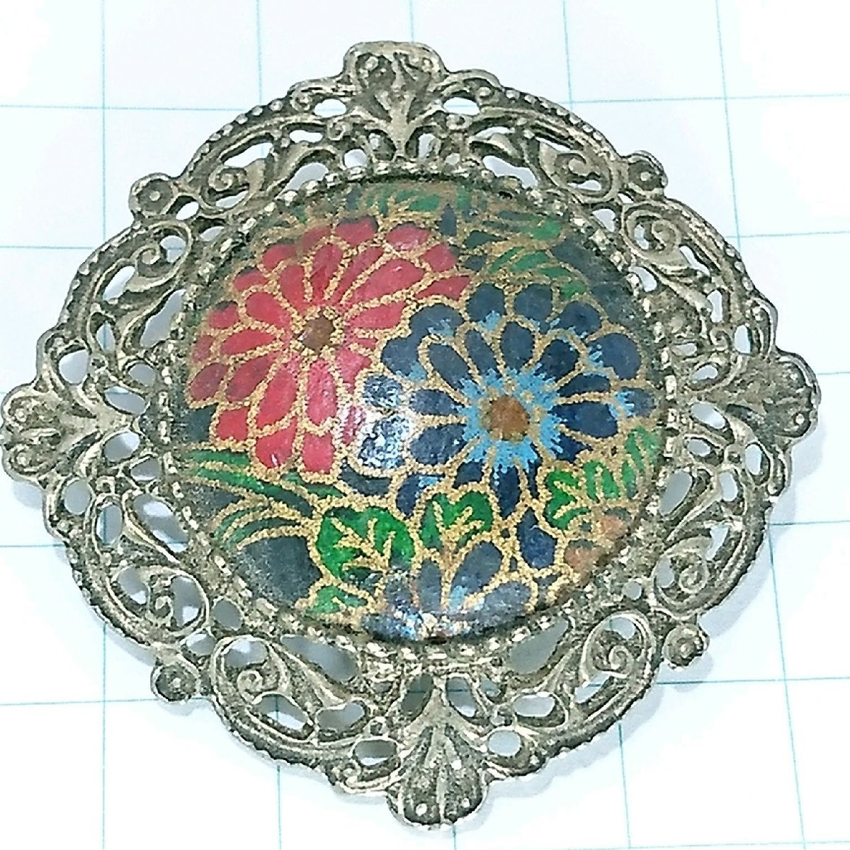 送料無料)ビンテージ☆七宝焼き 菊モチーフ エンブレム☆アンティーク ブローチ A20935拍卖