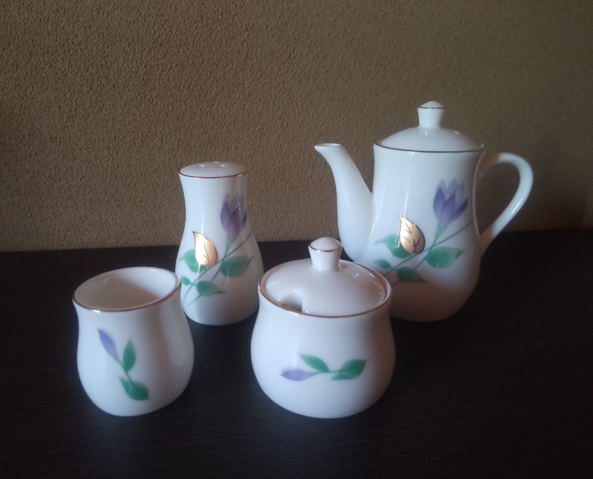 ★昭和レトロ 金縁 金彩 桔梗の花 調味料入れ 4点セット 未使用保管品 多少の難あり★拍卖