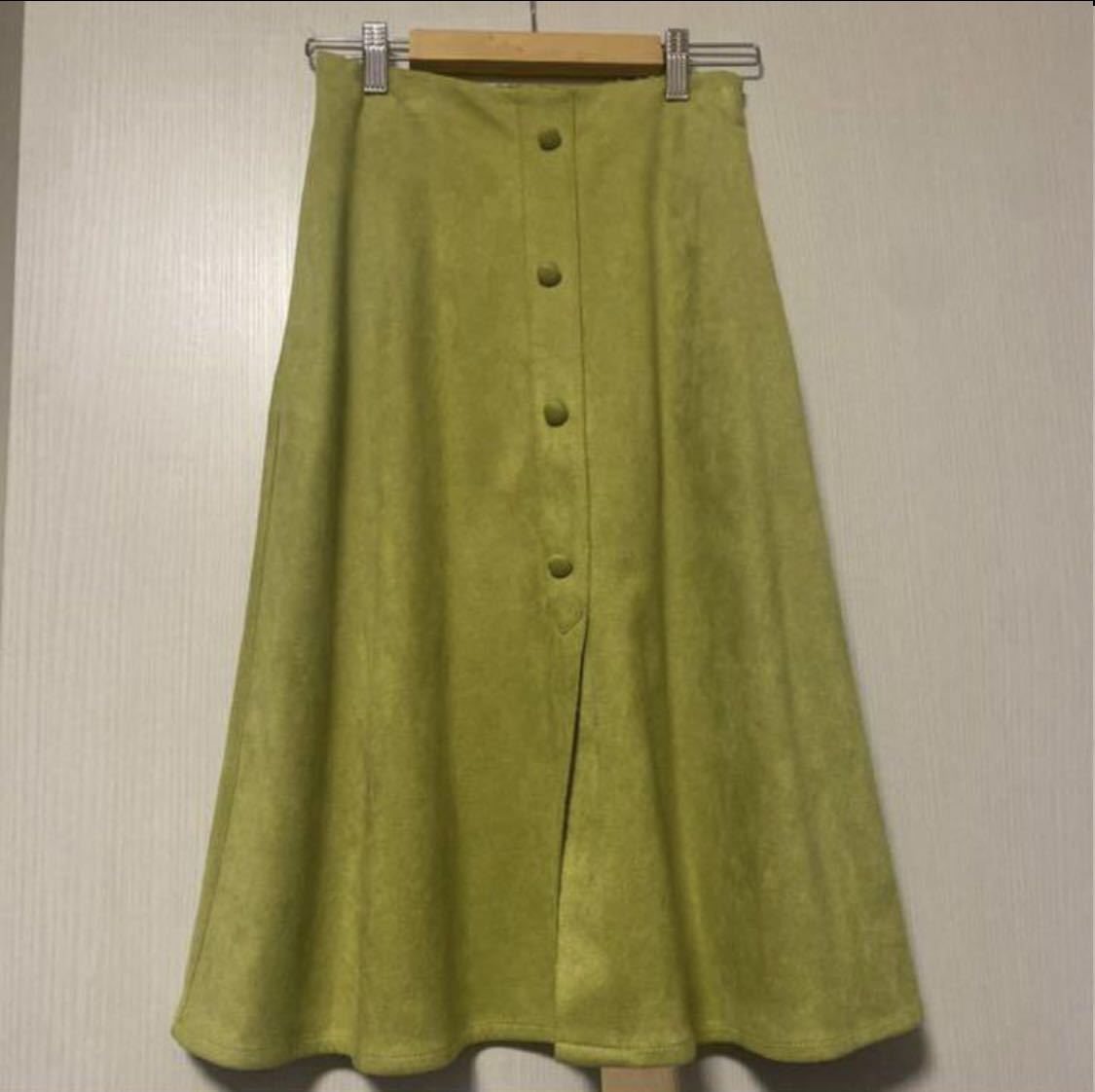 スカート フレアスカート 黄緑 グリーン イエロー ピスタチオ ポケット ボタン mystic スエード拍卖