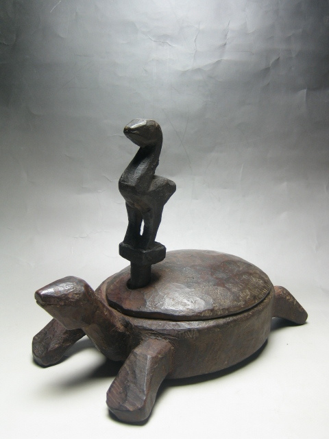 ◎●亀と鳥 入れ物 木彫り インド 木製 v174 オブジェ 容器 アート  カメ拍卖