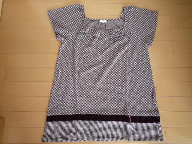 ヴェールダンスチュニック2Mワインブラウンチェック柄重ね着用半袖フリルベロアカットソ-レディースカットソー拍卖