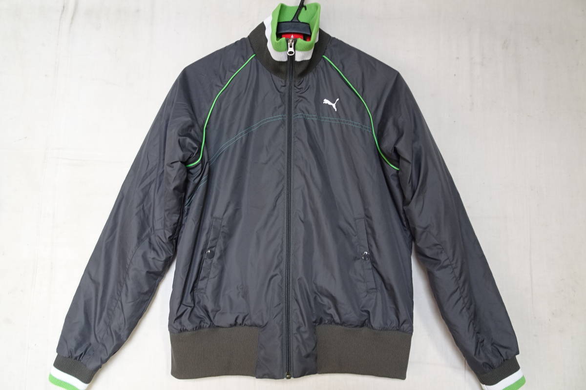PUMA/プーマ/中綿入ジャンパー/ブルゾン/アウター/ナイロン系ポリエステル/前ジップアップ/黄緑パイピングライン/グレー/Mサイズ(11/20R)拍卖
