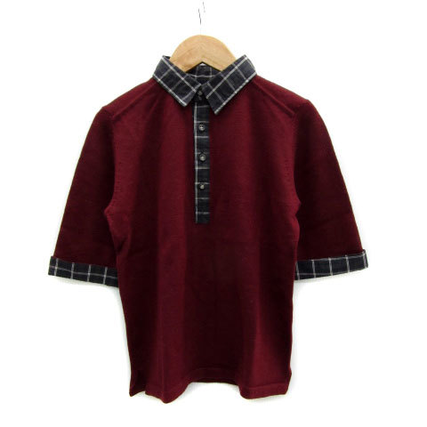 イーストボーイ EAST BOY ニットシャツ カットソー 五分袖 ポロカラー チェック柄 ウール 11 マルチカラー レッド 赤 /MS31 レディース拍卖
