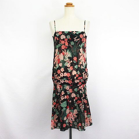 アイアイエムケー ミッシェルクラン iiMK キャミワンピース チュニック ひざ丈 花柄 シワ加工 透け感 38 ブラック ※EKM レディース拍卖