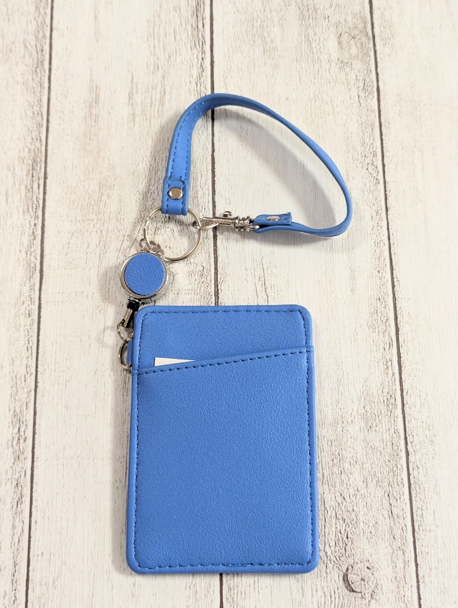 新品 パスケース 定期入れ リール カード 単面パス 男女兼用 ブルー シンプル拍卖