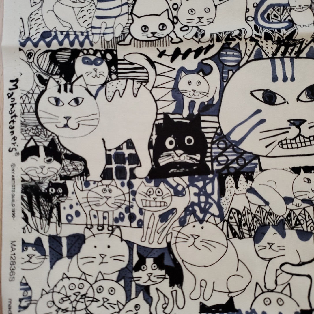 カットクロス■ Manhattaner's マンハッタナーズ 【群集猫】アイボリー×ネイビー プリント生地 猫 ネコ CAT オックス オックスフォード 拍卖