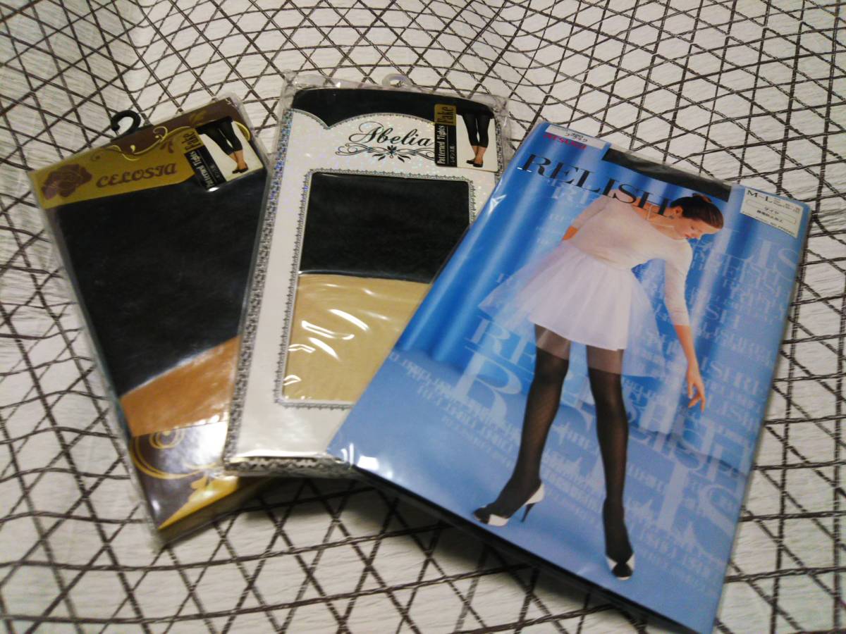 激安*ATSUGI*ダイヤ柄*黒*ストッキング*パンスト*パンティストッキング*relish*3足*新品*ブランド*M*L*タイツ*フェイクタイツ*レギンス風拍卖
