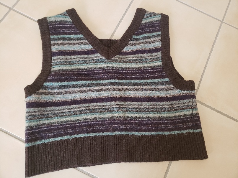 上質きれい/ニコアンドniko and...③洗える2WAYショートニットベスト・マルチボーダー・ブルーパープル茶系ニット秋冬重ね着に拍卖