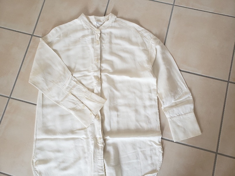 上質美品/ユニクロUNIQLOリネンブレンドスタンドカラーチュニック(長袖)S/オフホワイト・白系拍卖