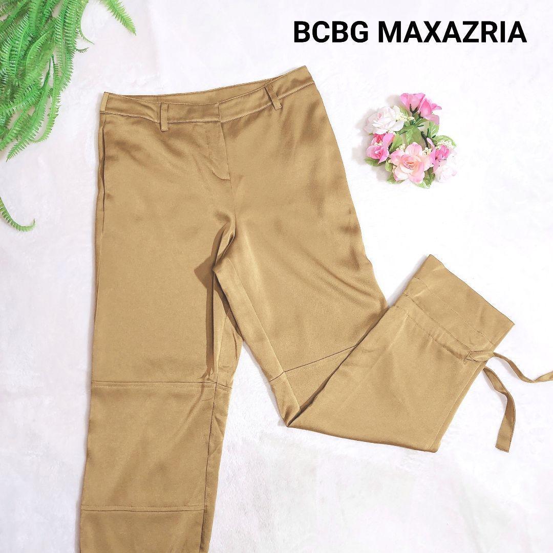 BCBG MAXAZRIA ゆったりデザイン 春夏向けパンツ 表記サイズXS うぐいす色 光沢感あり 裾にリボン風の絞り紐あり 80737拍卖