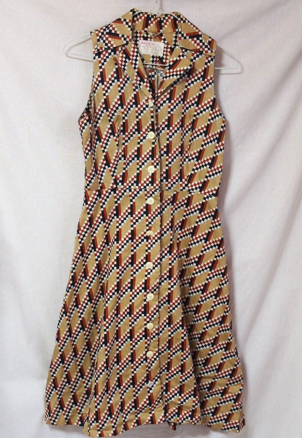 ビンテージ◆幾何学柄ワンピース/古着/総柄/ノースリーブ/昭和レトロ/ヴィンテージ/アンティーク/レディース/シャツワンピース拍卖
