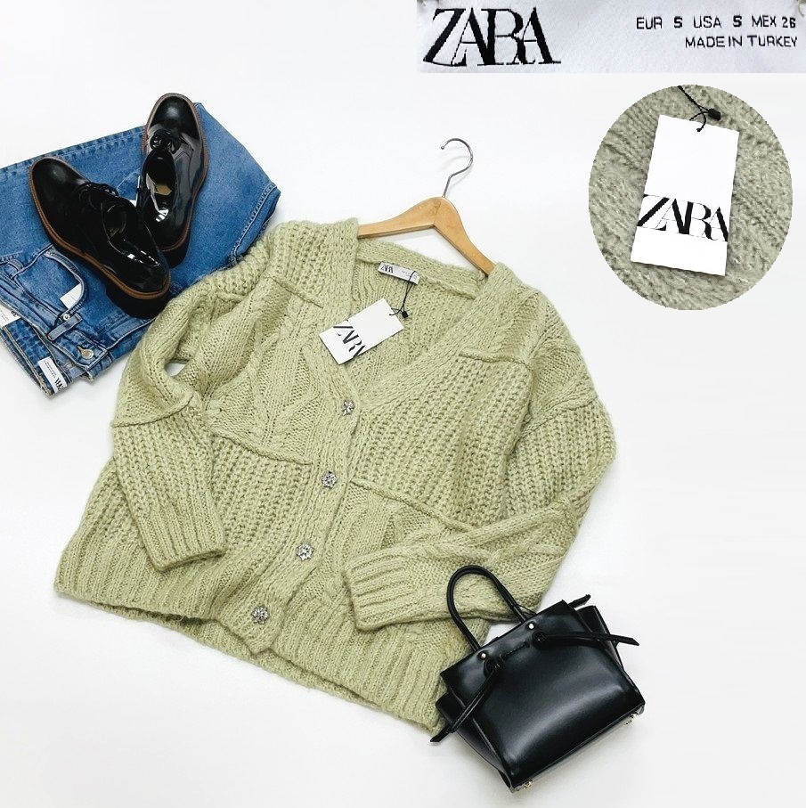 /S/ ZARA グリーン パッチワークニットカーディガン レディース タグ カジュアル 羽織り 通勤 大人可愛い アウター デイリー ザラ拍卖