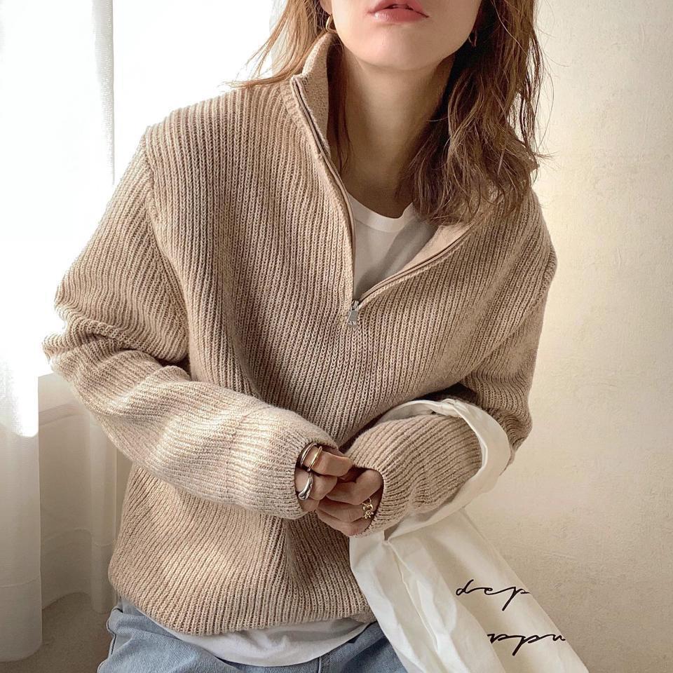 HP紹介 スタイリング 絶版 ベージュ ユニクロ UNIQLO 351-433834 ウォッシャブル ミドルゲージ ハーフジップ セーター ざっくりニット L拍卖