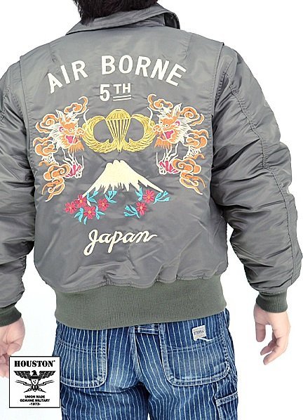 CWU-45/P刺繍フライトジャケット「AIR BORNE」◆HOUSTON セージグリーンMサイズ 51315 ヒューストン ミリタリー 和柄 富士山 竜 龍拍卖