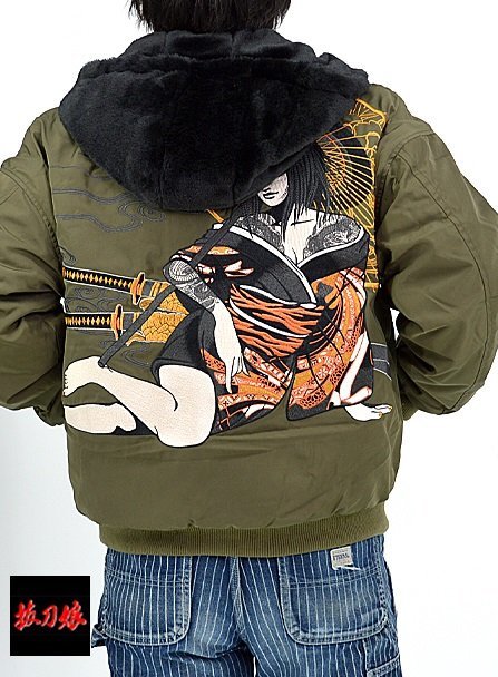 抜刀娘 凛リバーシブルMA-1ブルゾン◆抜刀娘 カーキXXLサイズ 234013 和柄 和風 ミリタリー 刺繍 フライトジャケット アウター拍卖