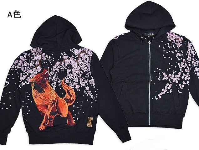 粋 桜狼咆哮スウェットジップパーカー◆絡繰魂 A色 XXLサイズ 234007 和柄 和風 刺繍 オオカミ さくら サクラ スエット拍卖