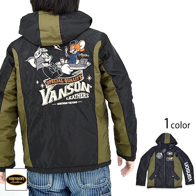 vanson×TOM&JERRY 切替ナイロンジャケット◆vanson ブラックMサイズ TJV-2341 バンソン ヴァンソン トムとジェリー 刺繍 アウター拍卖