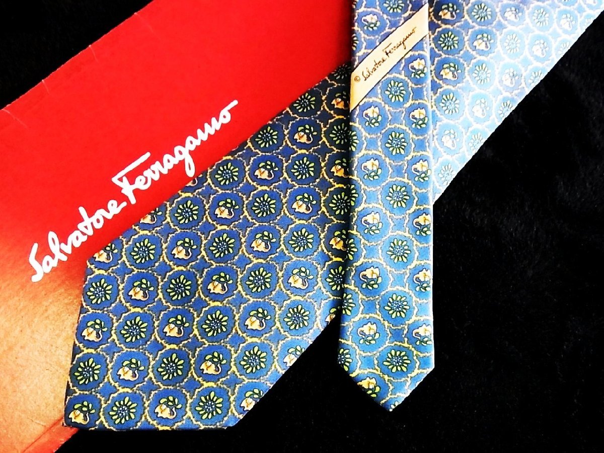 ♪今週の特売980円~♪1488♪状態並品【Ferragamo】フェラガモ【象 ゾウ 動物 花 植物 柄】ネクタイ♪拍卖
