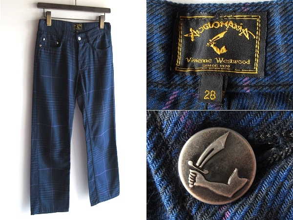 希少初期 イタリア製 Vivienne Westwood ANGLOMANIA ヴィヴィアンウエストウッド アングロマニア ロゴ釦 チェックパンツ 28 パイレーツタグ拍卖