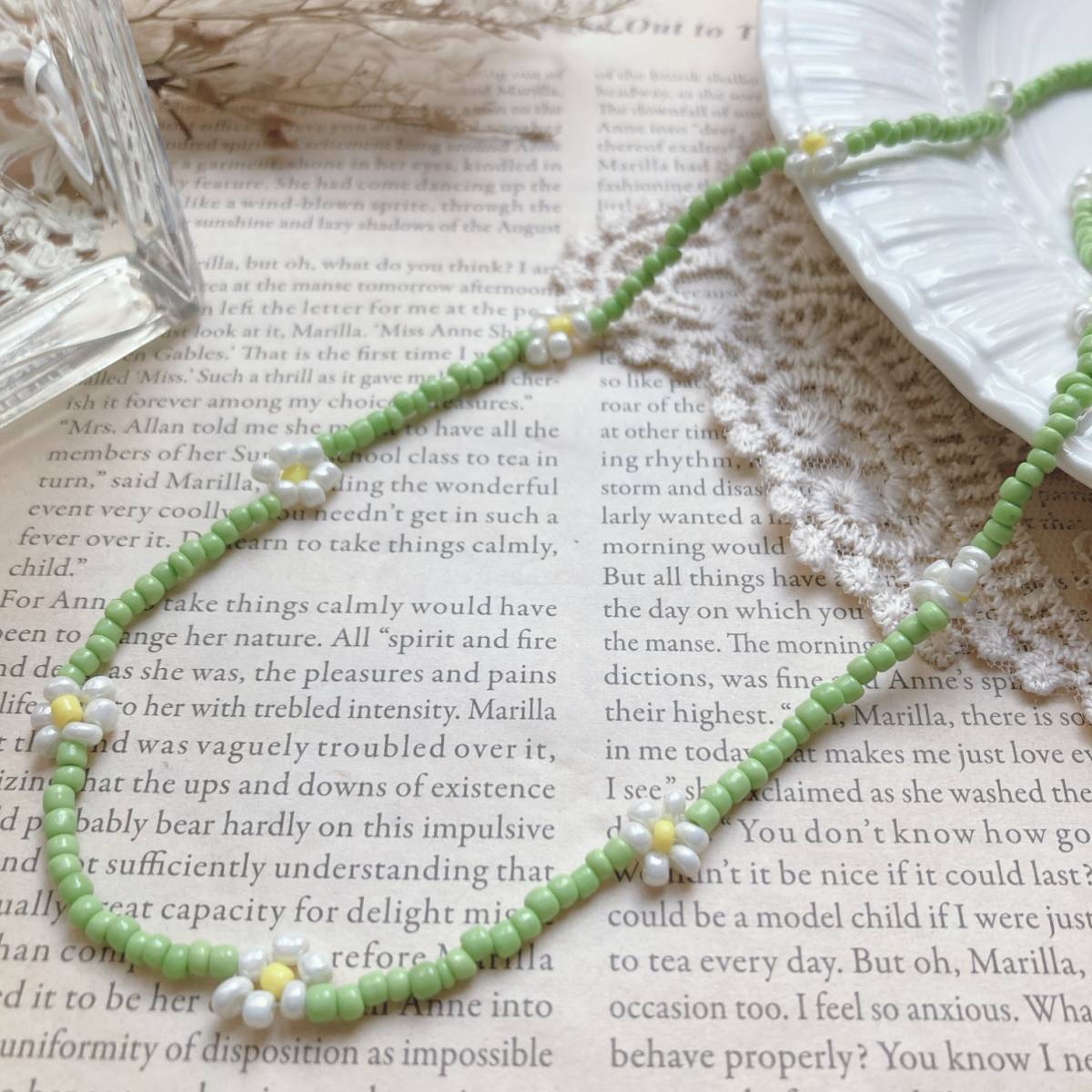 ビーズネックレス フラワービーズ お花ネックレス ライトグリーン 白花 イエロー シルバー☆Vintage jewelry accessories A0852拍卖