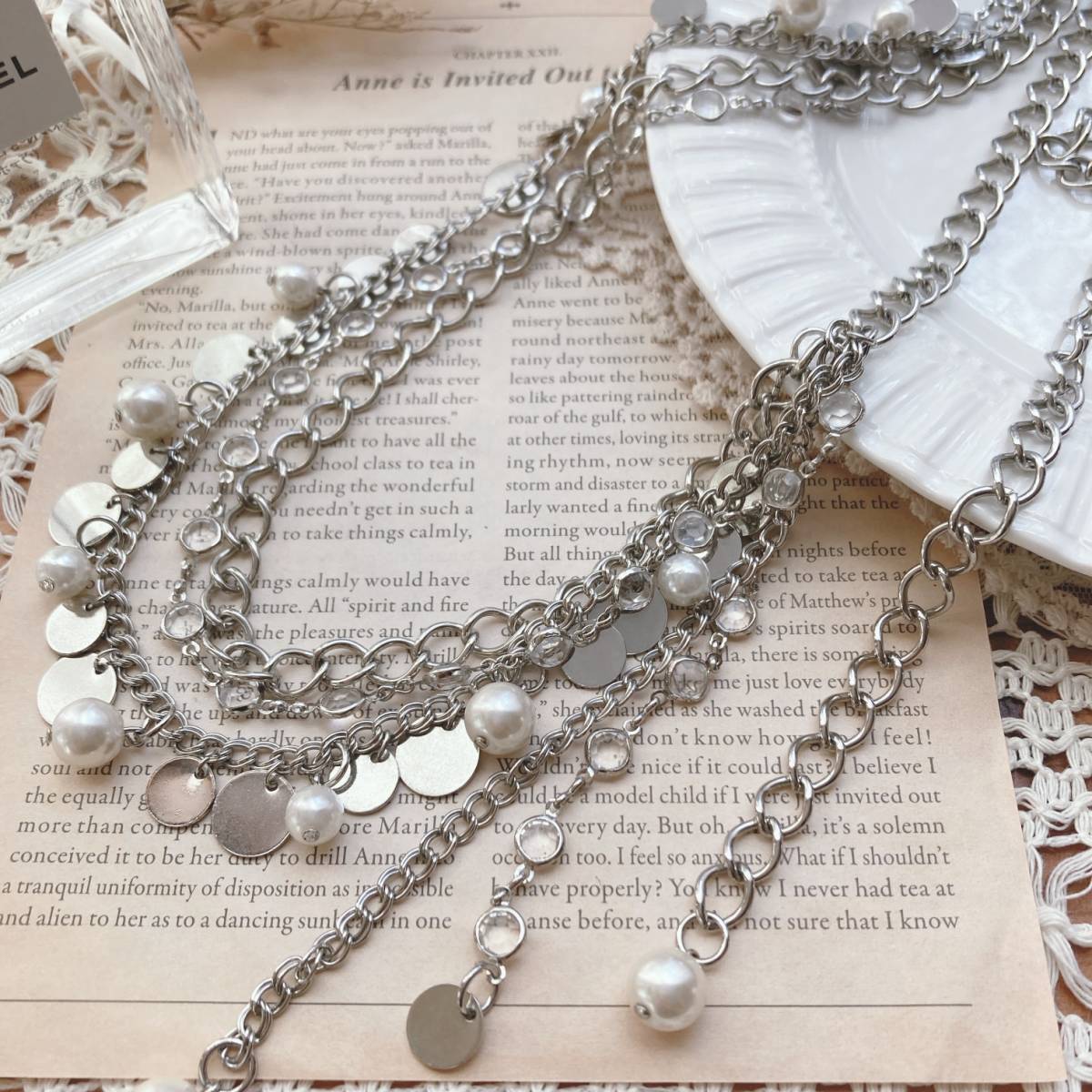 チェーンベルト シルバー パール きれい 美品☆Vintage jewelry accessories A0859拍卖