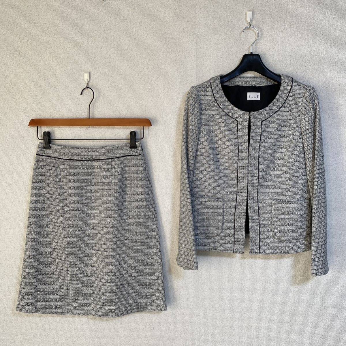 エル ノーカラー スーツ 36 W64 未使用に近い 黒×白系 ラメ DMW拍卖