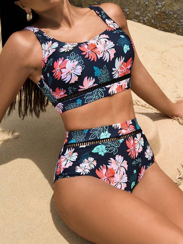 レディース 水着 ビキニセット 花柄プリント ホロアウト ハイウェスト ビキニ水着拍卖