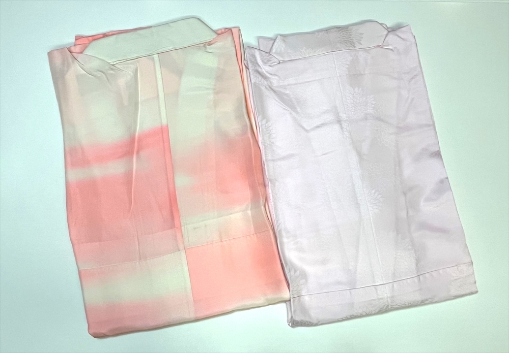 花とら●リサイクル長襦袢 2枚まとめて 正絹 ポリエステル 薄橙ぼかし ピンク 着用可能 美品 231101拍卖