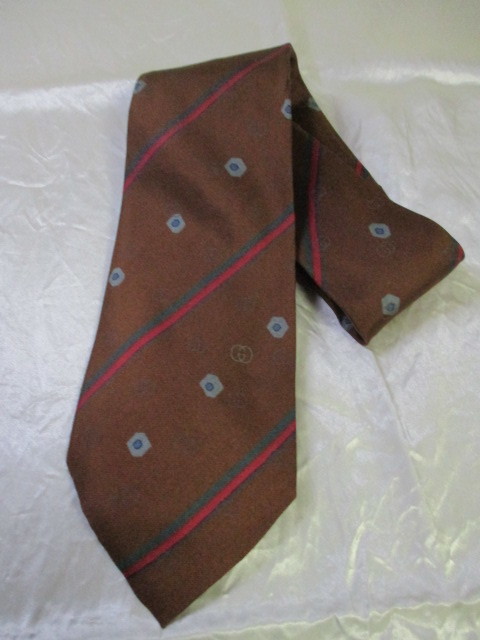 GUCCI グッチ 茶系ストライプ六角形柄ネクタイ(USED)111823拍卖
