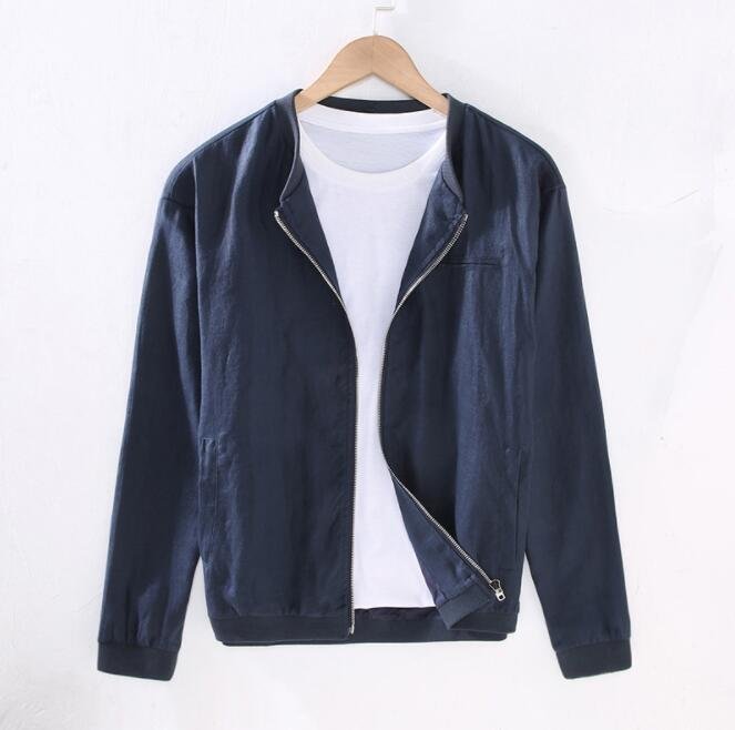 サマージャケット リネンジャケット メンズ 立ち襟 カジュアル 綿麻 カーディガン 春 夏 秋服 アウター ネイビー 3XL拍卖