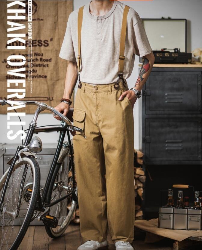 ◇メンズ ミリタリーヴィンテージ復刻スタイル コットン サスペンダーオーバーパンツ◇チノM~2XL サスペンダー付き 新品拍卖