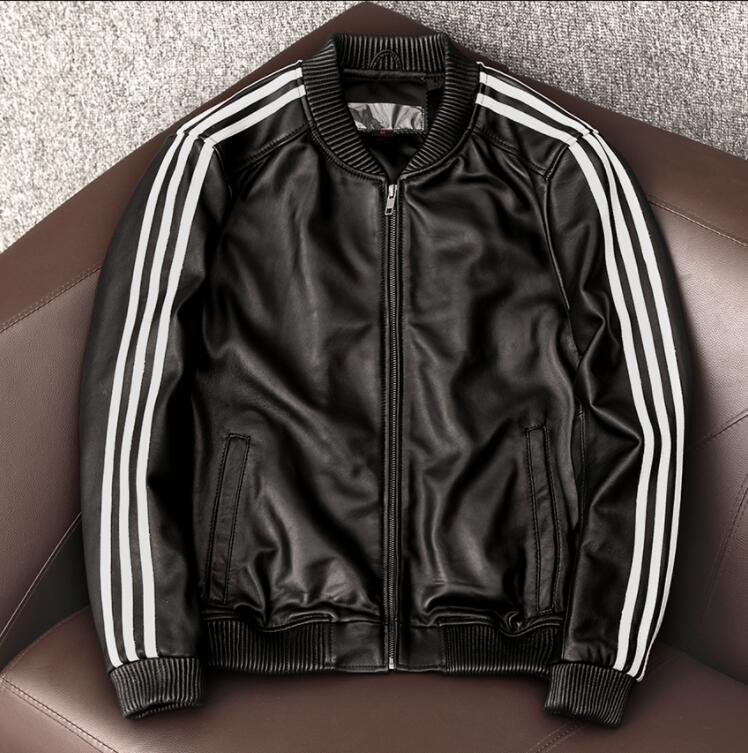 レザージャケット 上品 本革 羊革 サイドライン ライダースジャケット 野球服 革ジャン S~4XL 黒拍卖