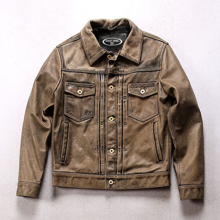 秋冬ライダース 507アメカジ 牛革 レザージャケット カウハイド 革ジャン メンズ本革 ユーズド加工 サイドライン S~2XL カーキ系拍卖