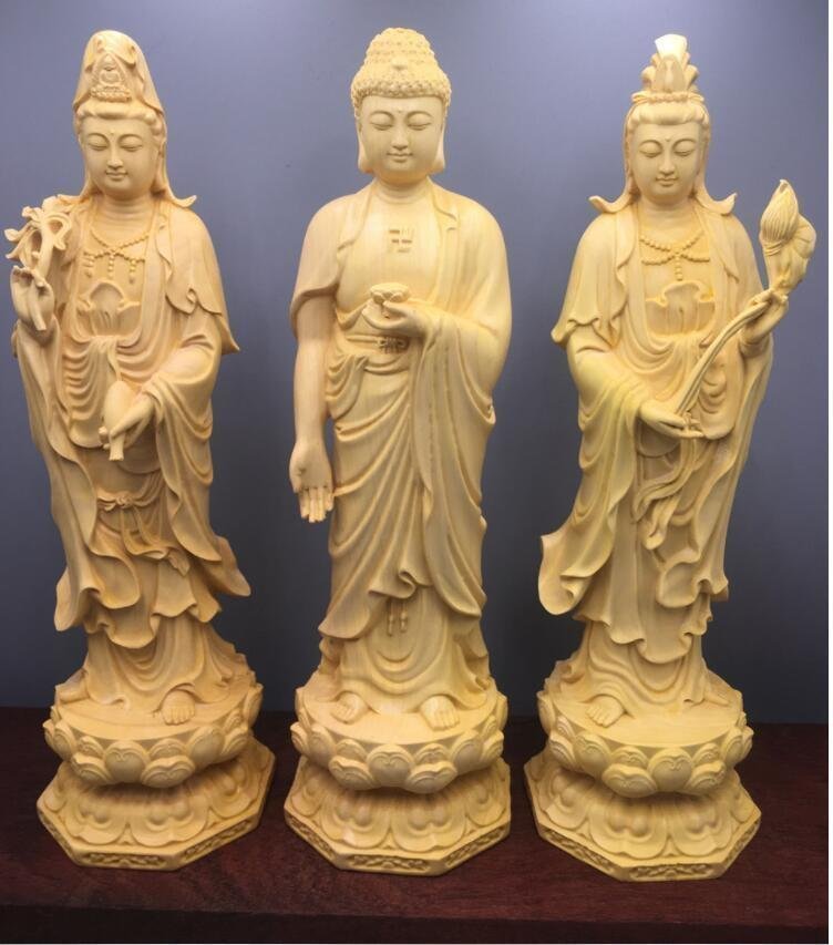 極上品◆黄楊木彫西方三聖居宅供養仏堂阿弥陀観音菩薩実木彫刻置物 高さ20cm拍卖