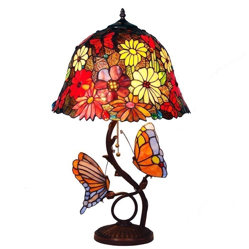 テーブルランプ ステンドグラス 高級 蝶 花 カラフル ヴィンテージ 手作り リビング ナイトライト ベッドサイドランプ 高さ69cm拍卖