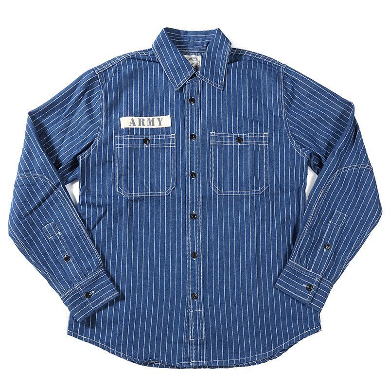ヴィンテージ ワーク コットンピンストライプデニム長袖シャツ ダンガリーアメカジ レトロwork shirt S~XL ネイビー拍卖