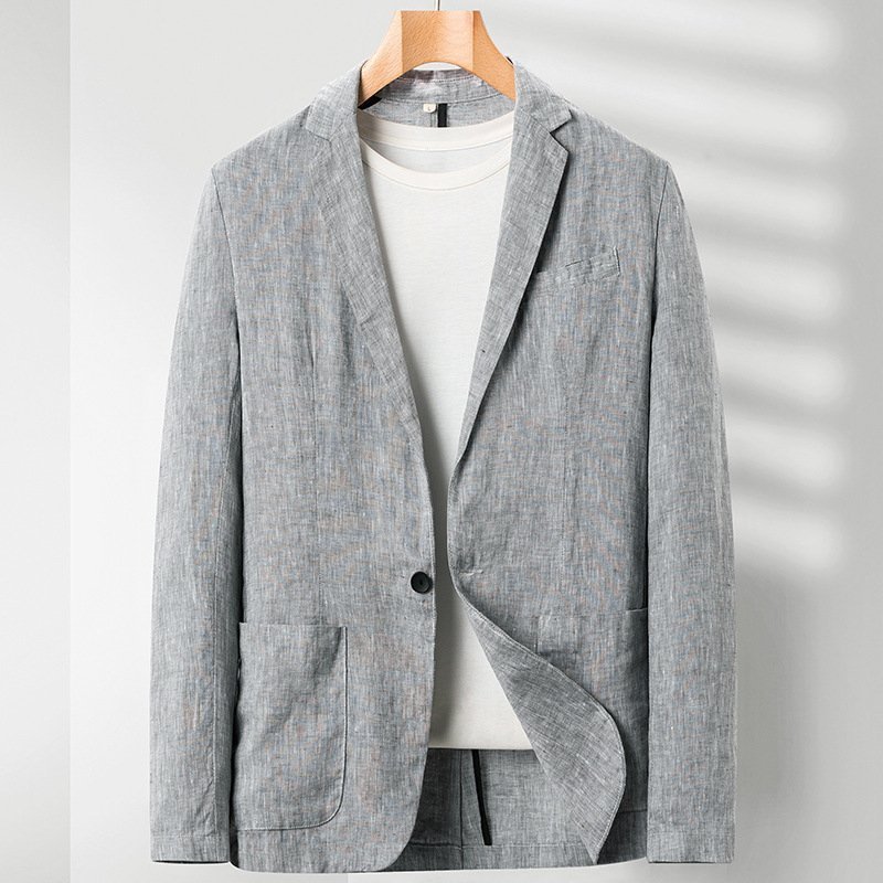 入手困難 リネン テーラードジャケット 最高級 麻100% メンズ ブレザー 薄手スーツ 紳士服 センターベンツ 春夏アウター グレー M~3XL拍卖