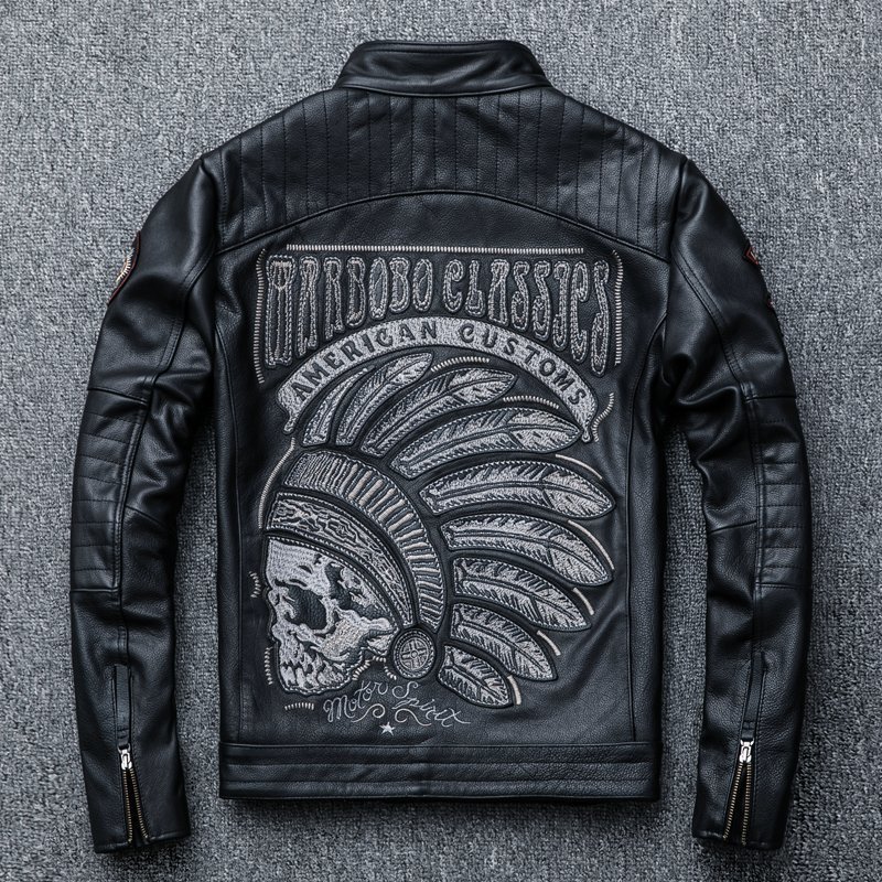 上品 新品 本革ジャケット メンズ バイクジャケット立ち襟 刺繍 本革 牛革 革ジャンS~4XL 黒拍卖